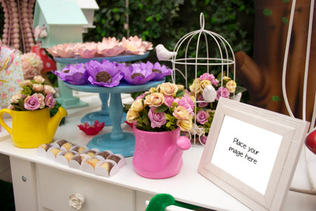 Decorated party table, with the sign Place your image here