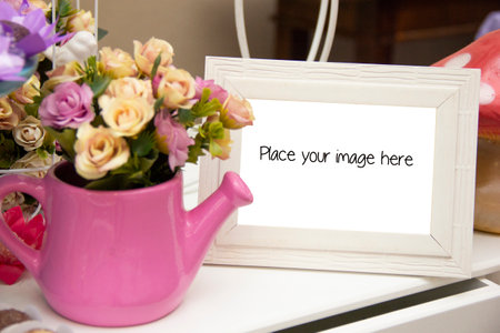 Decorated party table, with the sign "Place your image here"の写真素材