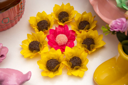 Brigadeiro at the decorated birthday table, traditional Brazilian party candy.の写真素材