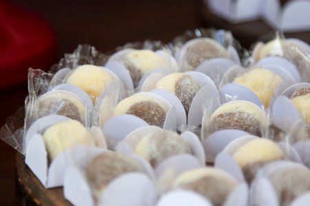 Traditional brazilian sweet - brigadeiros - over wood backgroundの写真素材