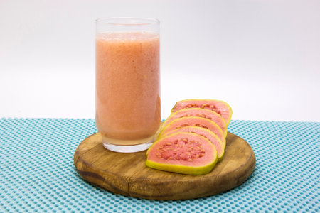 Guava fruit with glass of guava juiceの写真素材