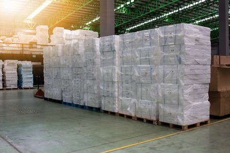 Foam keep of warehouse. Rows of shelves with boxesの写真素材