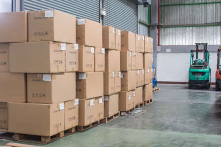 interior of warehouse. Rows of shelves with boxesの写真素材