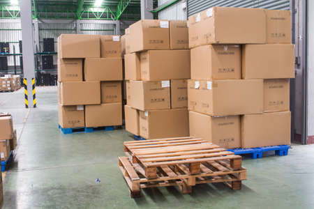 interior of warehouse. Rows of shelves with boxesの写真素材