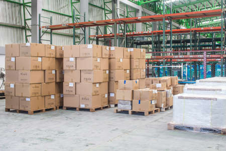 interior of warehouse. Rows of shelves with boxesの写真素材