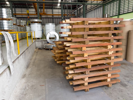 White pallets in the warehouse. roll steel Backgroundの写真素材