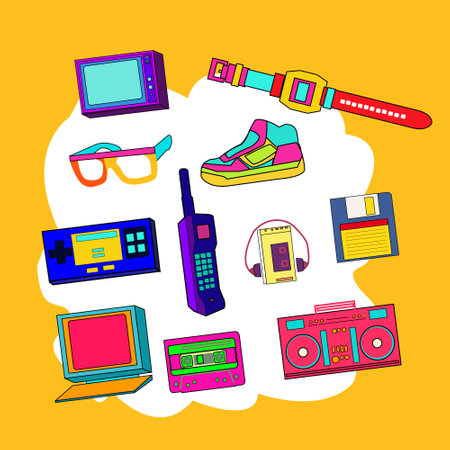 Nostalgia of 90's products such as wrist watch, television set, radio, flop disk, colorful shoes and sunglasses, cassette etc.のイラスト素材