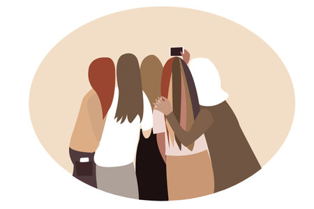 Happy teenage girls taking selfie together, celebrating the joys and happiness of life.のイラスト素材