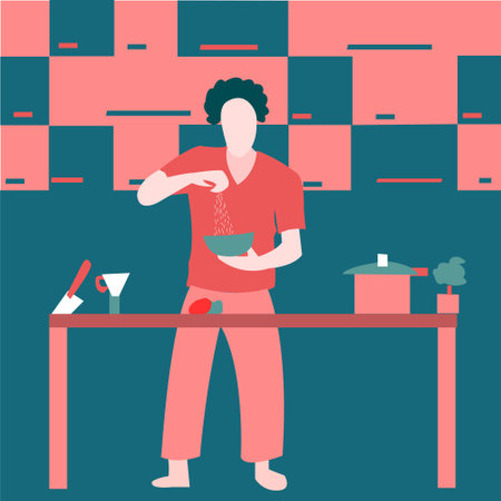 A happy man cooking food at home, standing in kitchen with joy and happinessのイラスト素材