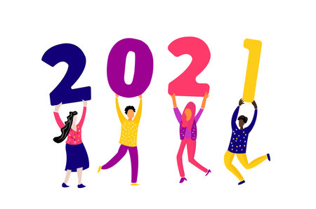 Happy men and women dancing with joy holding 2021 number, happiness and joy because of new yearのイラスト素材