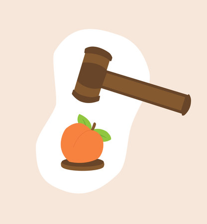 A justice hammer is about to crush a peach fruit, a symbolic representation of impeachmentのイラスト素材