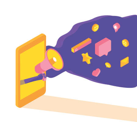 Digital marketing tools - email and message , SEO, rating , like, share , subscribe etc. are coming out of megaphone. All these play big role in digital marketing and product advertisementのイラスト素材