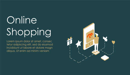 Online shopping website landing page , illustration a man standing and choosing his dress from smartphoneのイラスト素材