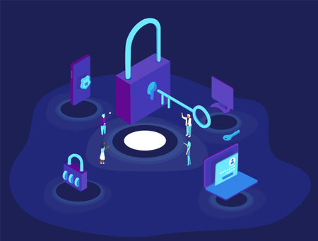 Isometric concept on internet or cyber or network security. This illustration shows cyber and network security in different devices and how much it is important these days to  maintain privacyのイラスト素材