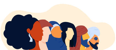 Flat illustration about brotherhood, sisterhood, bond, diversity, inclusion and togetherness without any difference. Side face of group of people, diverse and form various culture.のイラスト素材