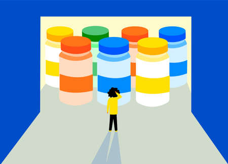 Illustration of confused man standing in front of different types of vaccine, he is confused about which vaccine he should takeのイラスト素材