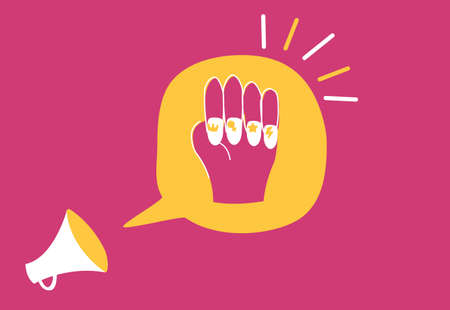 Flat illustration of woman or girl hand shown and nailpolish with various girl empowerment symbol - crown, thunder, star, female signのイラスト素材