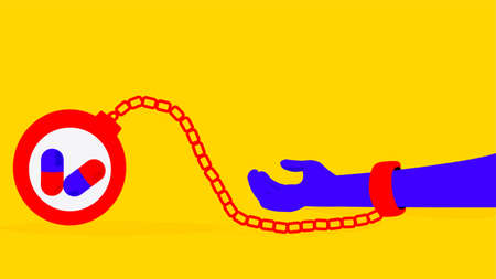 Drug overdose, a man chained with drugs, bad consequence , conceptual illustration about hard to...