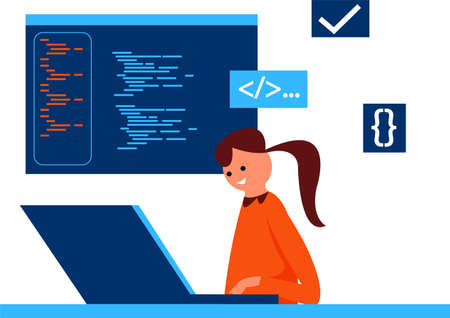 Illustration of a small girl using a laptop to learn a programming languageのイラスト素材