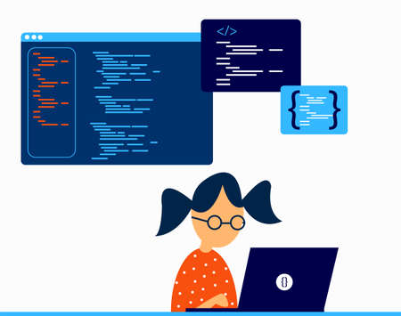 Illustration of a small girl using laptop to learn about programming language