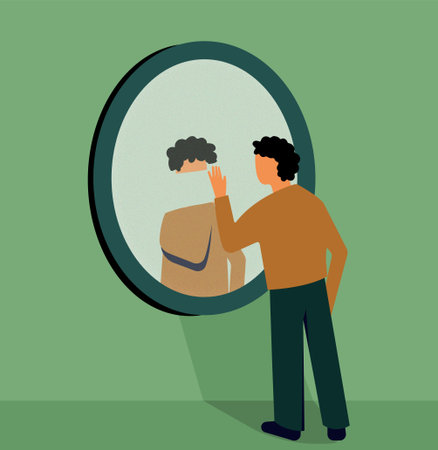 Person wiping removing erasing self reflection in mirror illustrationのイラスト素材