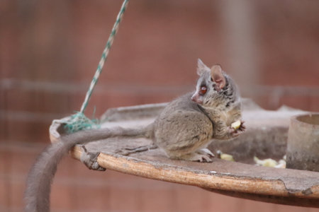 Lesser galago also known as lesser bushbaby sitting in a branch with food between its paws during...