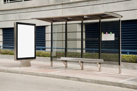 Billboard, banner, empty, white in the city center at bus stopの写真素材