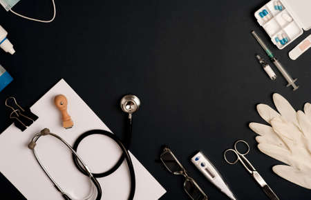 Covid-19 Coronavirus concept. accessories medicine, prevention coronavirus, black background with copy space. top viewの写真素材