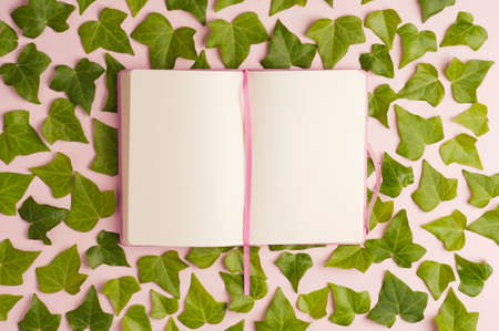 open notebook on loose ivy leaves, pink background.top viewの写真素材