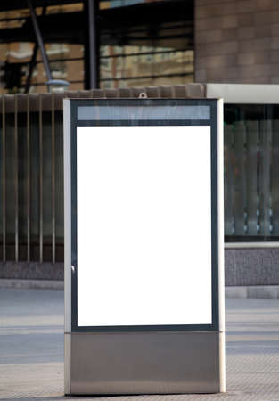 Mockup blank advertising signs and template or light posters with space to copy text or media message and content, blank shadow posters with screen on city wall backgroundの写真素材
