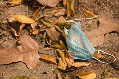 Waste during COVID-19. Discarded to single-use coronavirus face masks. Environmental pollution, with autumnal leavesの写真素材
