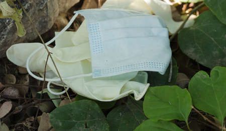 A medical protective mask and surgical gloves were used lost on the grassy ground. Disposable mask...