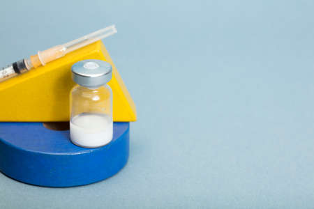 Childhood vaccination and immunization concept. Vaccine injection children's toys.の写真素材