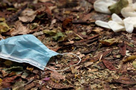 A mask and gloves were used for medical protection lost on the ground. Disposable mask lying on the street. Incorrectly discarding the used face mask, on plant leaves in autumnの写真素材