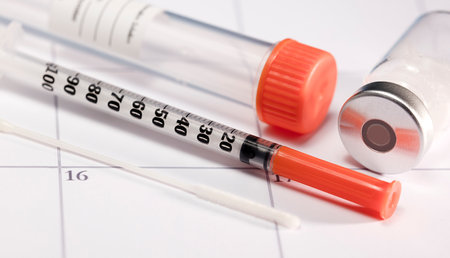 syringe with orange cannula and transparent vial with aluminum closure, PCR bottle with cap, on calendar, blue backgroundの写真素材