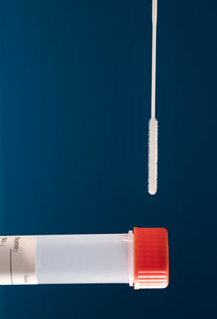SARS COV-2 antigen detection test, swab and transport vial, with a dark blue background