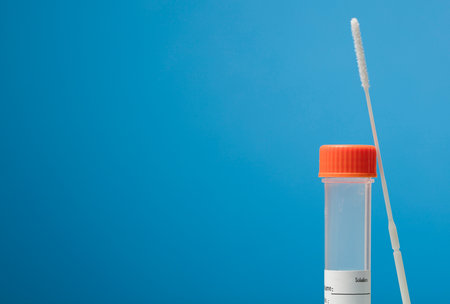 Swab (sample collection) with transport vial with orange cap, transparent with adhesive for data,...