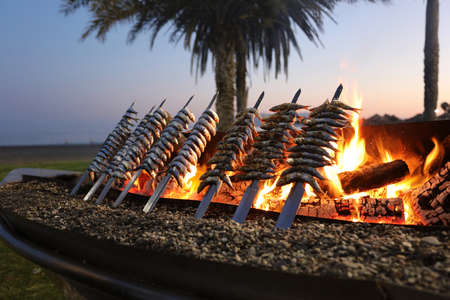 Sardine thickness with fire at sunset, typical Malaga city Mediterranean foodの写真素材