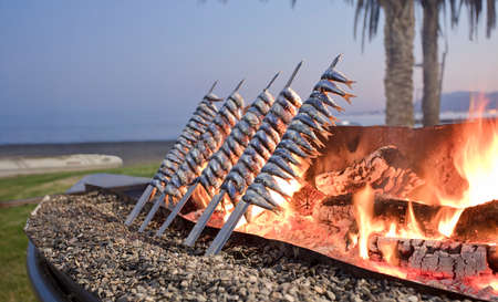 Sardine thickness with fire at sunset, typical Malaga city Mediterranean foodの写真素材