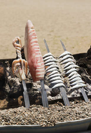 Sardines and squid skewer, sandy beach backgroundの写真素材