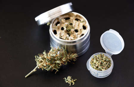 Marijuana plant with hermetic container and grinder, on skin backgroundの写真素材