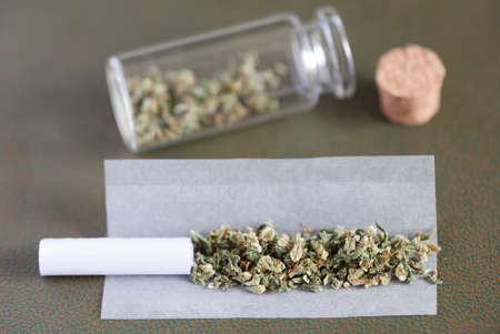 chopped marijuana, on cigarette paper with filter and airtight glass jar storage, process to make marijuana cigar.の写真素材