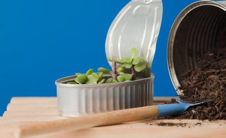 Group of recycled cans. two recycled cans on wooden boards blue background.の写真素材