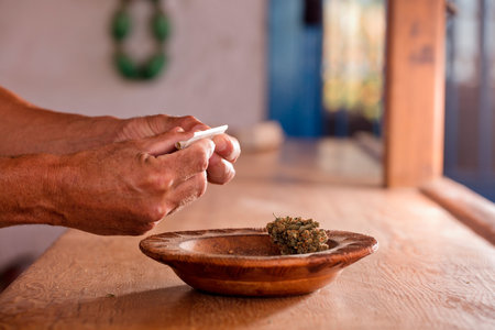 man hands prepare marijuana cigar at homeの写真素材