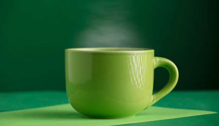 cup of green tea or coffee, hot with steam, green background.の写真素材