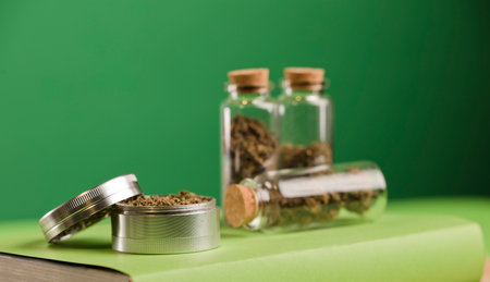 marijuana on grinder, glass jars on table, with dark green background.の写真素材