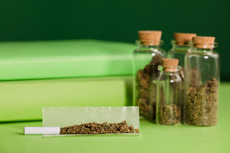 chopped marijuana, on cigarette paper with a filter and airtight glass jars with different types of cannabis and green books, process for the production of marijuana cigars. green backgroundの写真素材