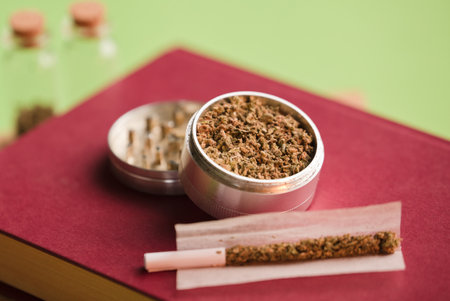 chopped marijuana on grinder, on cigarette paper with filter and airtight glass bottle, process for the production of marijuana cigars. Red background.の写真素材