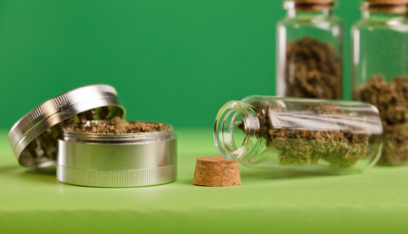 marijuana on grinder, glass jars on table, with dark green background.の写真素材