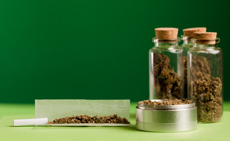 chopped marijuana, on cigarette paper with a filter and airtight glass jars with different types of cannabis, process for the production of marijuana cigars. green backgroundの写真素材